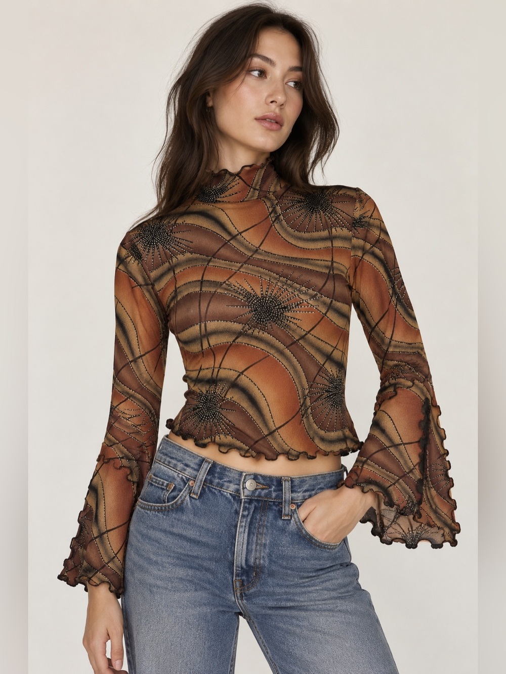 Vintage Y2K Brown Metallic Bell Sleeve Whimsigoth Top XS S